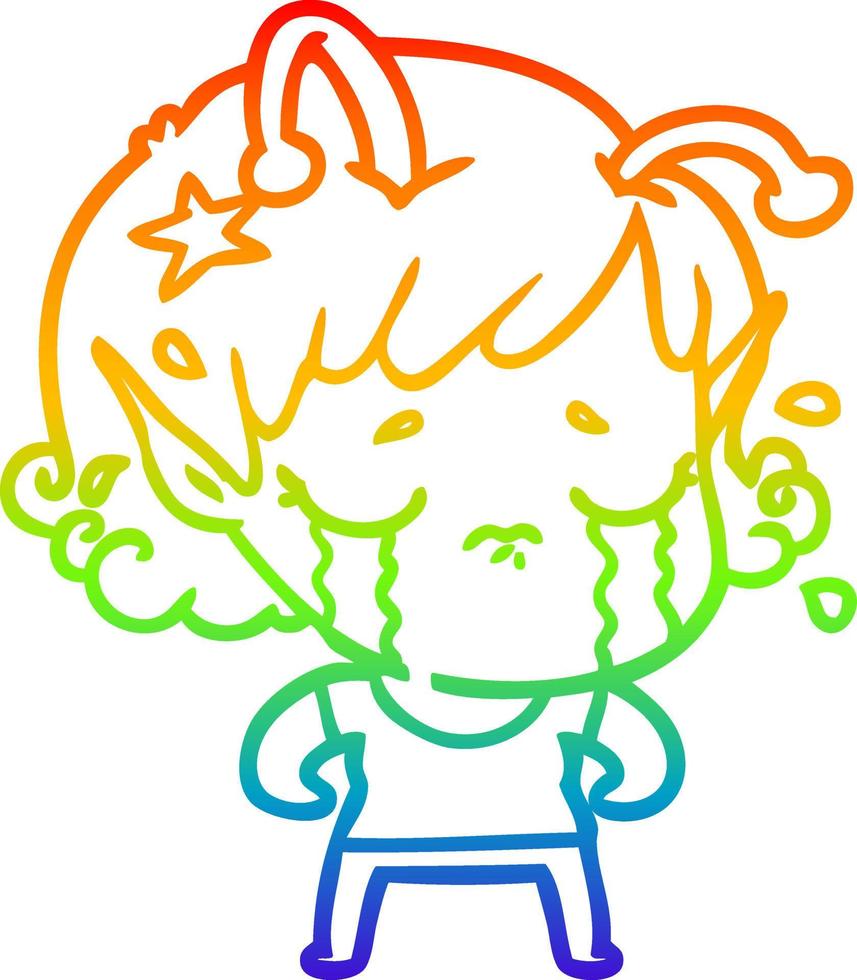 Regenbogen-Gradientenlinie Zeichnung Cartoon weinendes Alien-Mädchen vektor