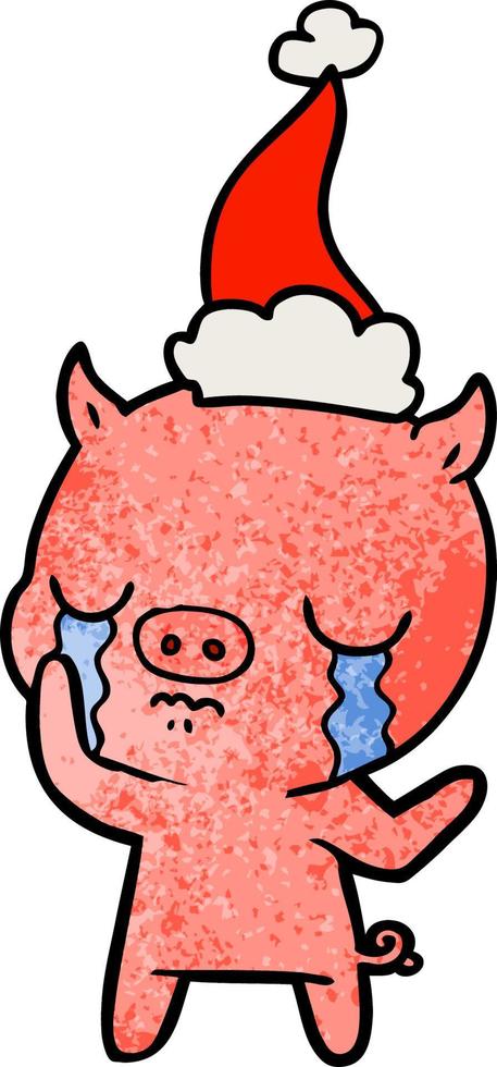 strukturierter Cartoon eines Schweins, das mit Weihnachtsmütze weint vektor