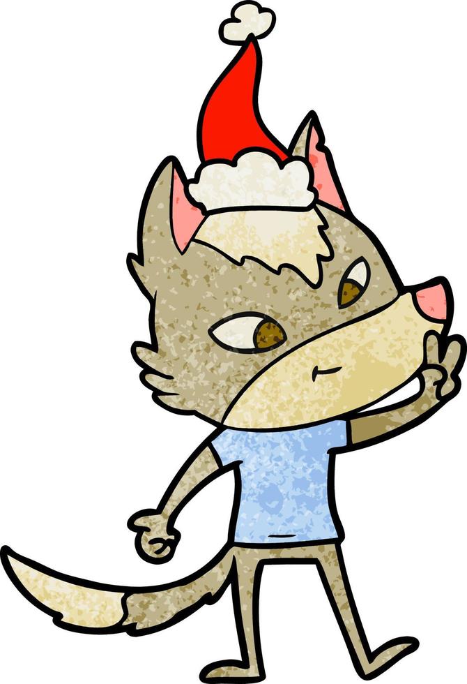 freundlicher strukturierter Cartoon eines Wolfs, der ein Friedenszeichen mit Weihnachtsmütze gibt vektor