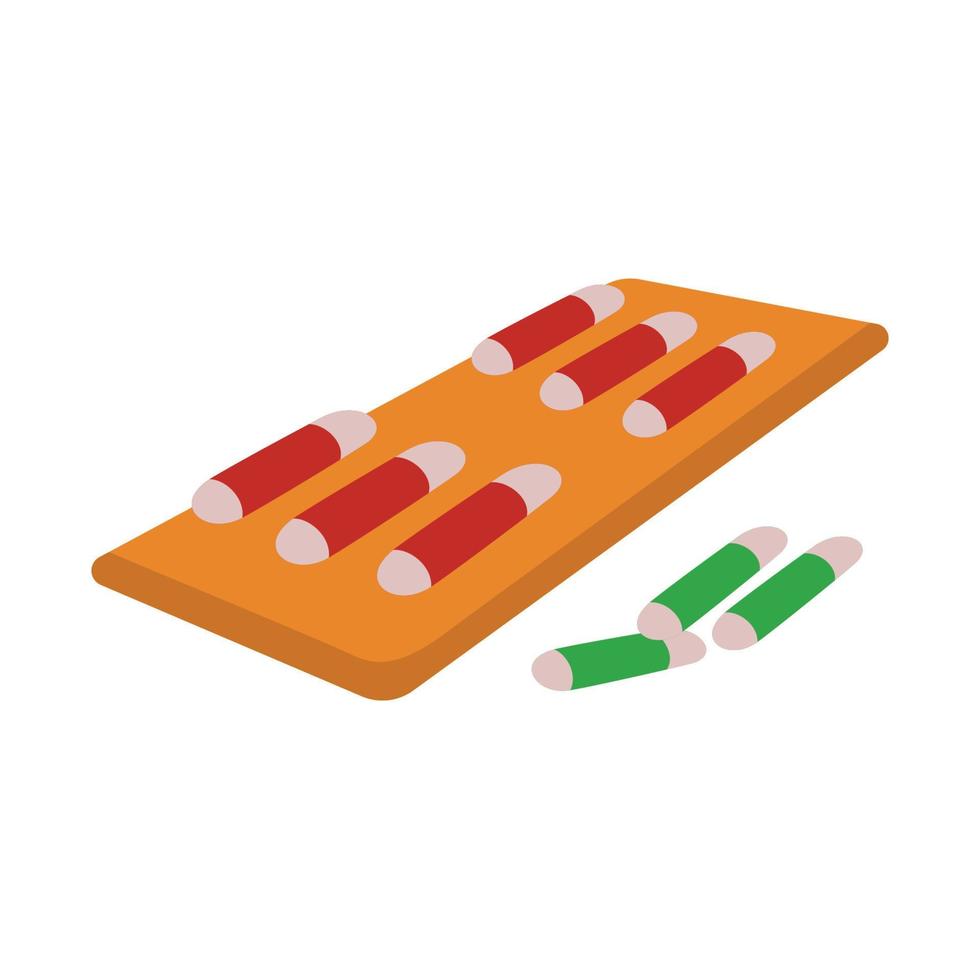 zwei ovale Pillen in zwei verschiedenen Farben, in roter und grüner flacher Designillustration vektor