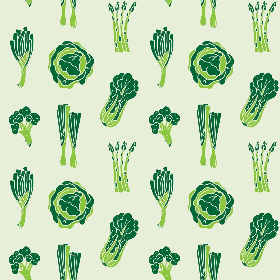 grüner Vektor nahtloses Muster von Grüns für Salat im flachen Stil, Zwiebel, Lauch, Brokkoli, Spargel, Kohl, Salat