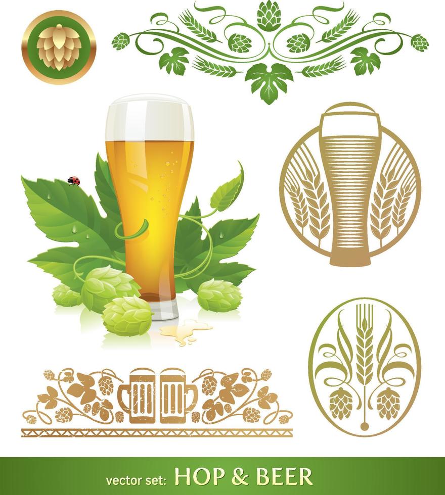 vektor set - öl, humle och bryggning logotyp och emblem