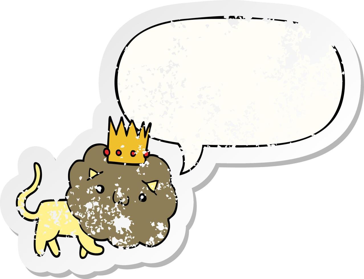 Cartoon Löwe und Krone und Sprechblase beunruhigter Aufkleber vektor