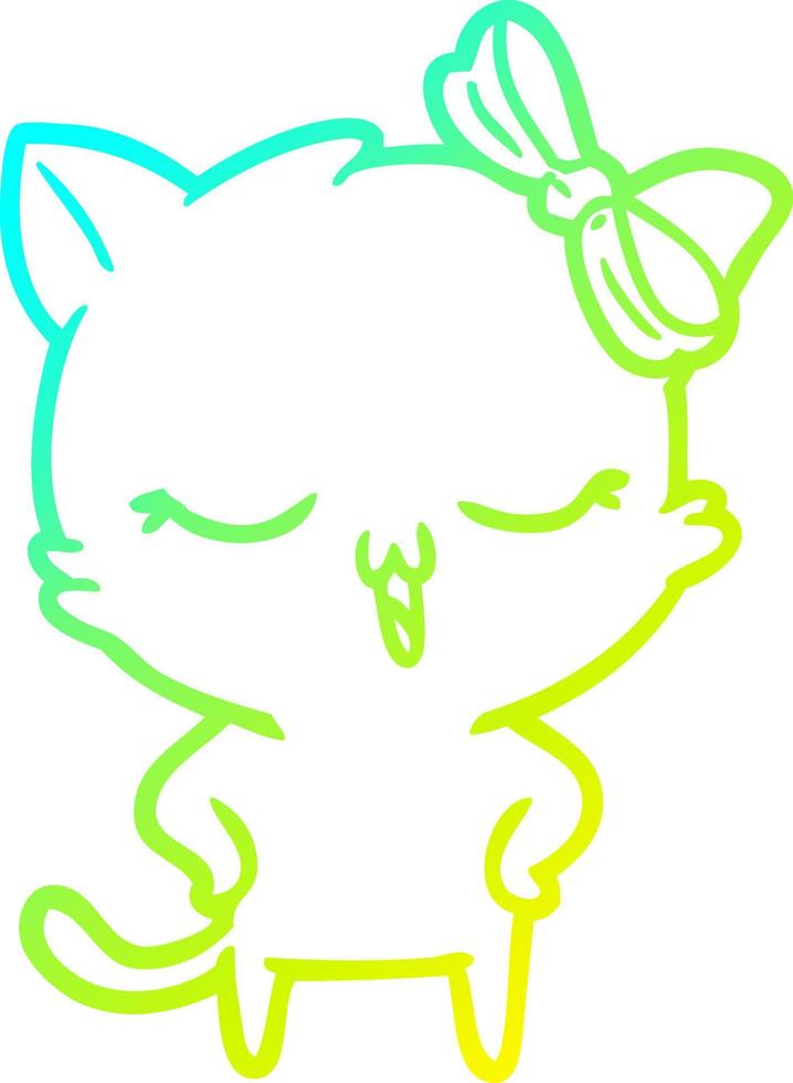 kall gradient linjeteckning tecknad katt med rosett på huvudet och händerna på höfterna vektor