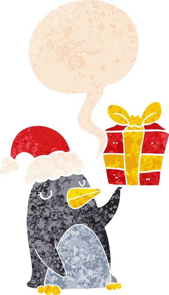 Cartoon-Pinguin mit Weihnachtsgeschenk und Sprechblase im strukturierten Retro-Stil vektor