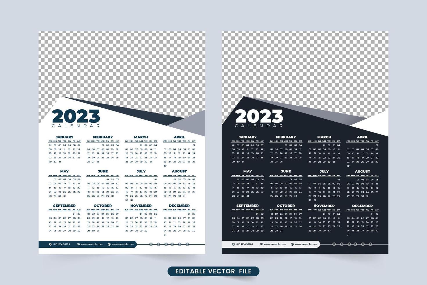 2023 nyår väggkalender mall vektor. årlig affärskalenderdesign med svartvit färg. enkel kalenderdesign och helgplanerare med abstrakta former. veckan börjar på söndag. vektor