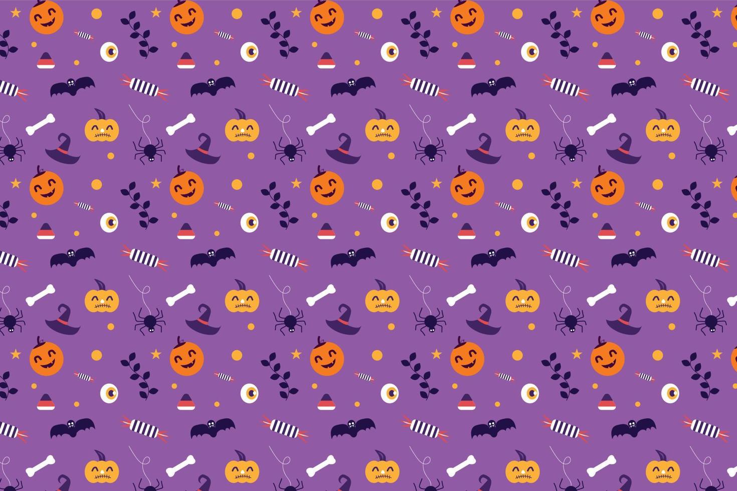 halloween gruselige musterdekoration auf einem lila hintergrund. halloween-elementmusterdesign für buchumschläge, tapeten und bettlaken. halloween minimaler mustervektor mit hexerei und kürbisen. vektor