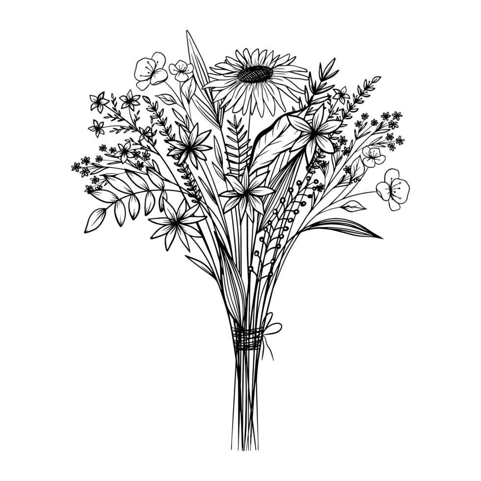 bukett enkla blommor. vildblommor fina buketter. handritad solros, lavendel, andra vilda växter. ängsblommor, örter för designprojekt. vektor illustration.