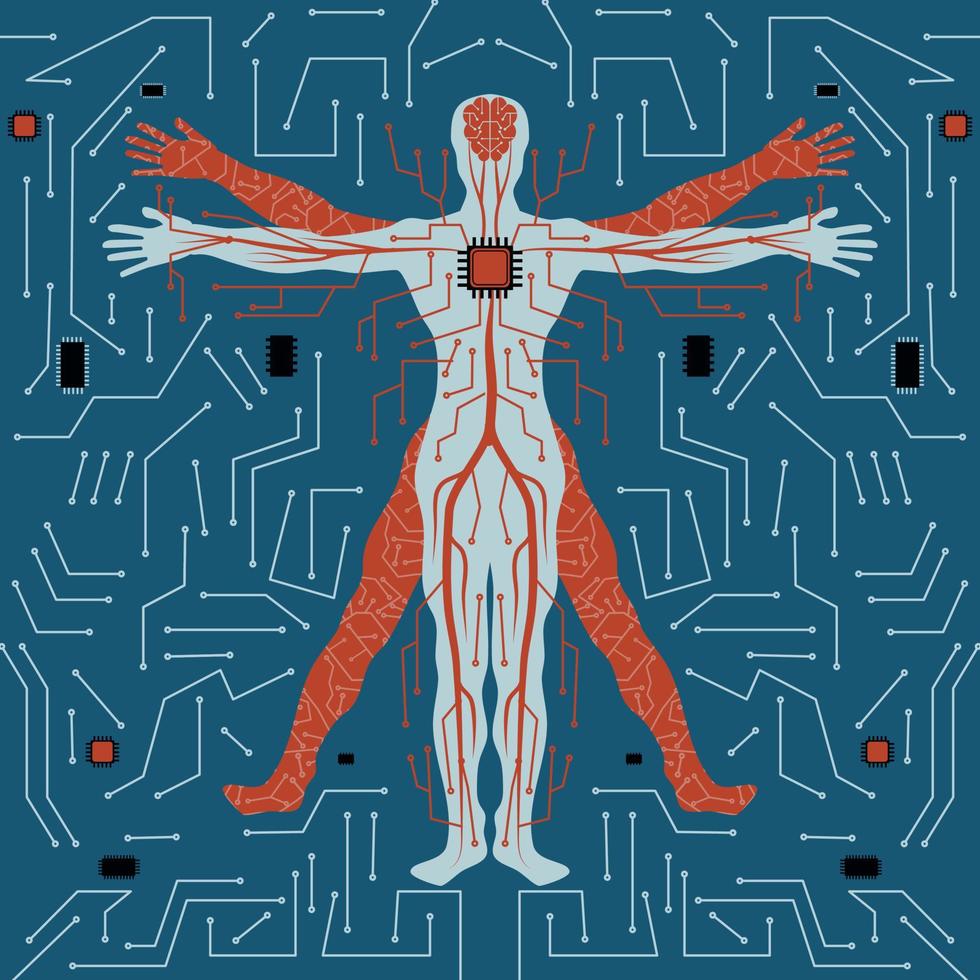 mänsklig anatomi med kretslinje och hjärna kopplade till processor som är lämplig för artificiell intelligens illustration vektor