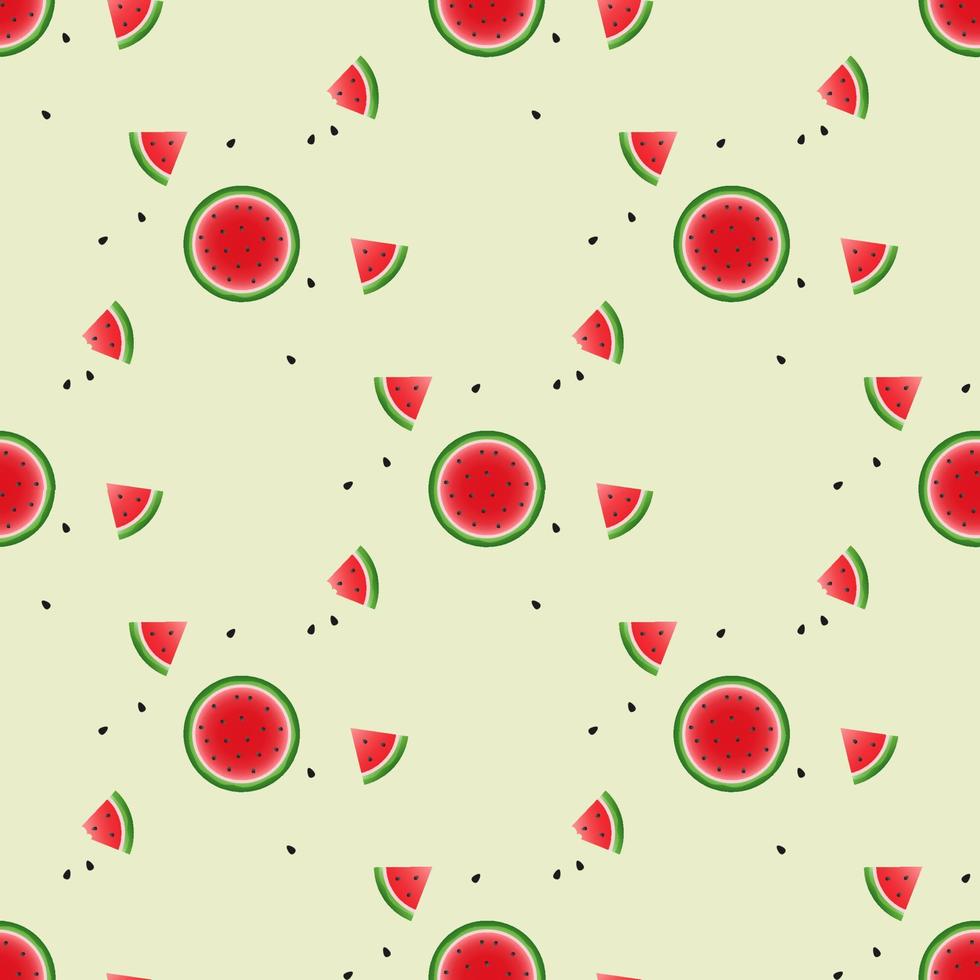 vattenmelon bakgrund och sömlösa mönster, platt design av gröna blad och blomma och vattenmelon juice illustration, färsk och saftig frukt koncept av sommarmat. vektor