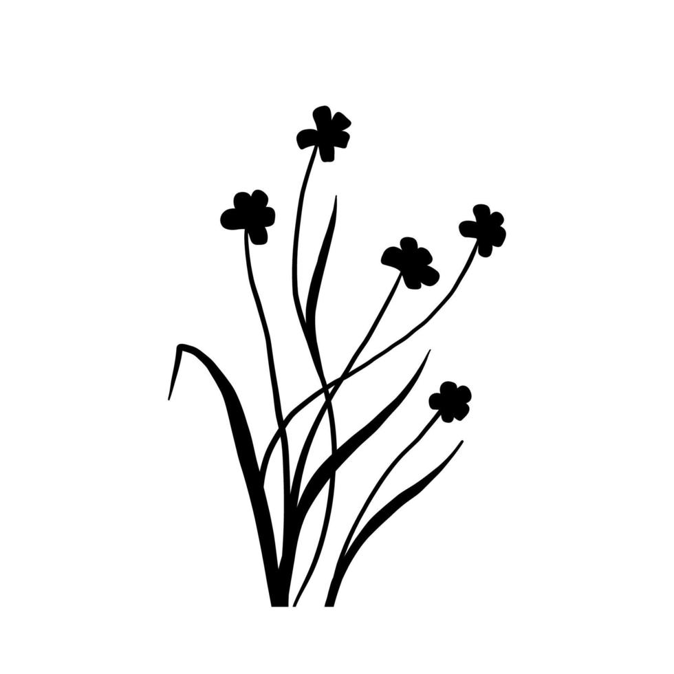 Silhouette Wildblumen Gras. Vektor schwarze handgezeichnete Illustration mit Frühlingsblumen. Schatten von Kräutern und Pflanzen. Naturfeld isoliert auf weißem Hintergrund