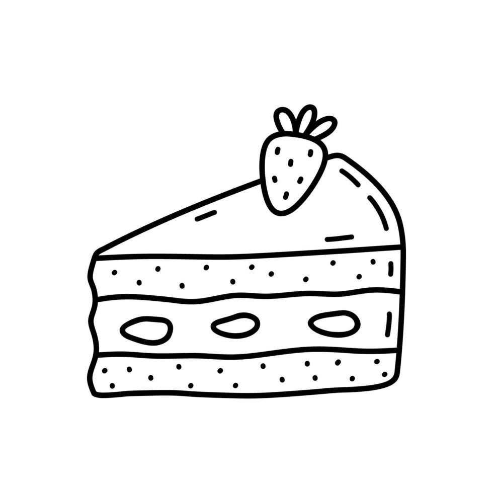 piece of cake med jordgubbar isolerad på vit bakgrund. söt efterrätt, söt mat. vektor handritade illustration i doodle stil. perfekt för olika mönster, kort, dekorationer, logotyp, meny.