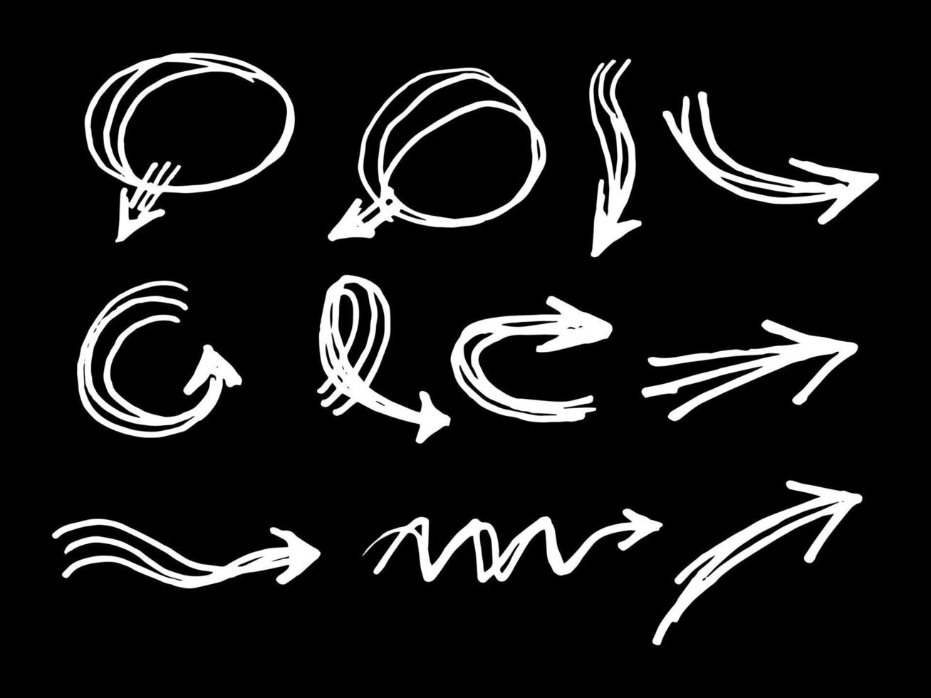 doodle uppsättning abstrakt linje pilar med handritad stil på svart bakgrund för konceptdesign. vektor illustration