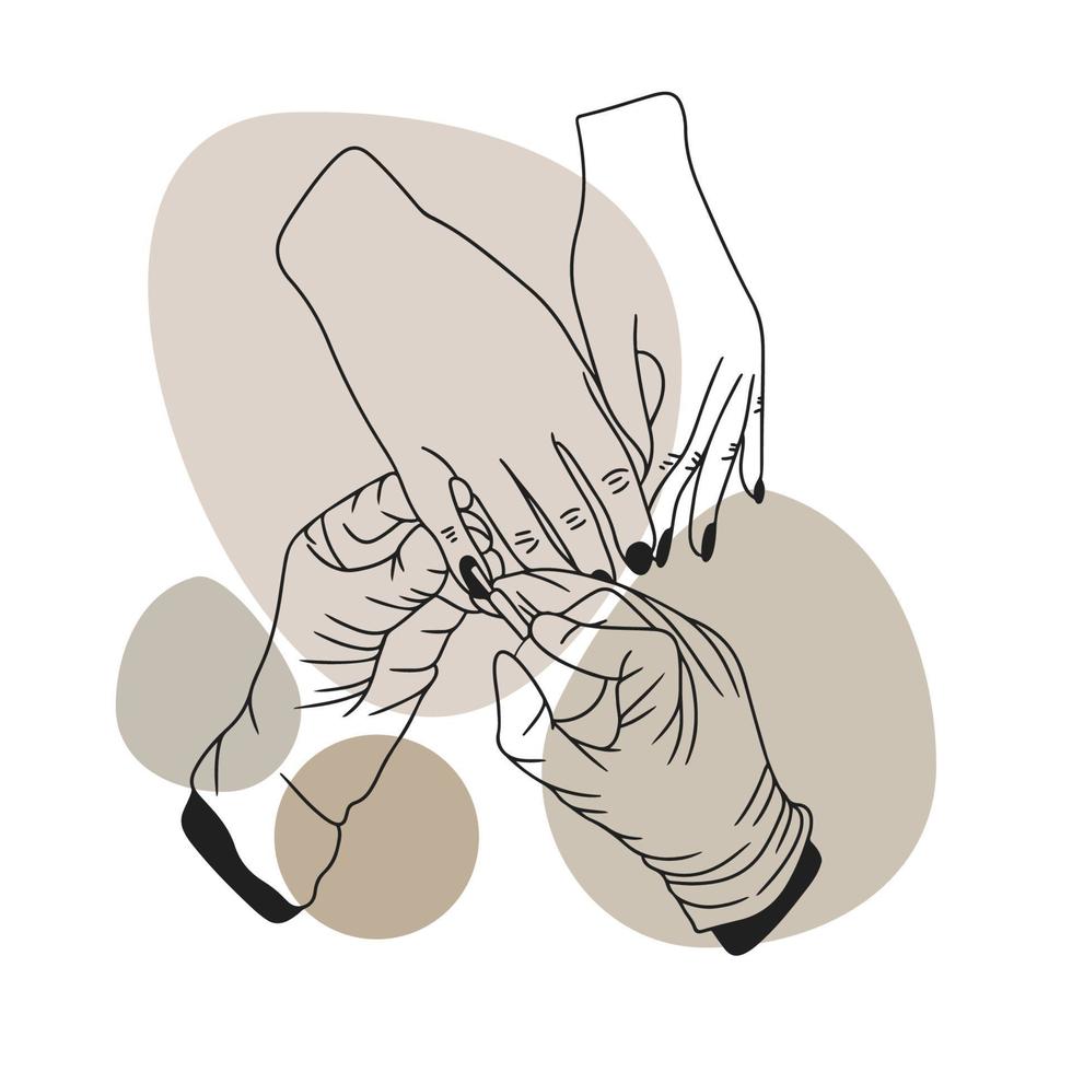 manikyr, arbetsprocess, måla naglar, handskar med händer vektor