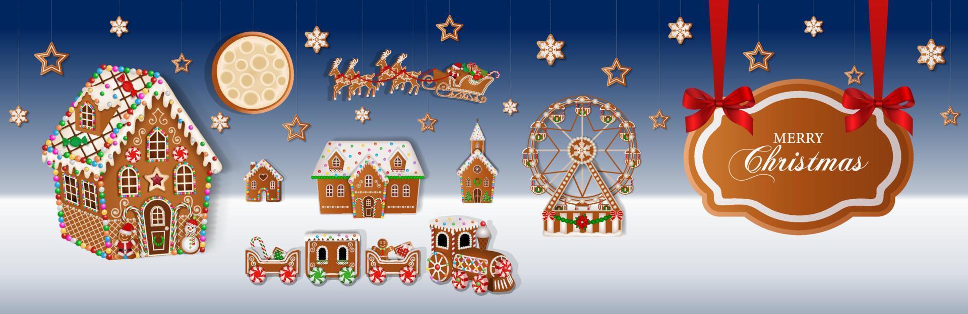 weihnachtsbanner mit lebkuchenplätzchen. weihnachtslandschaft mit lebkuchenhaus, zug und riesenrad vektor