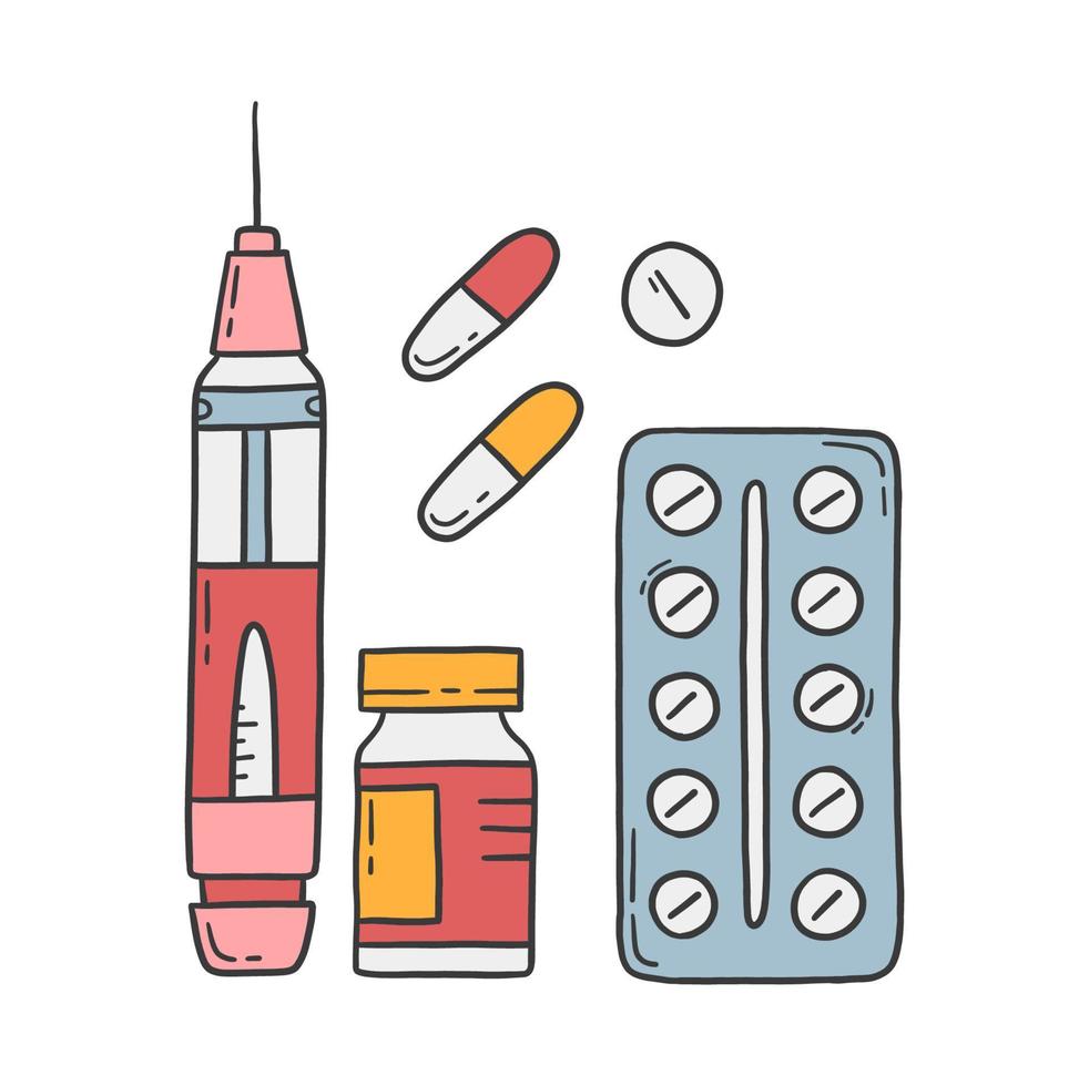 spritzeninjektorstift, medizinische drogen und pillenvektorillustration vektor