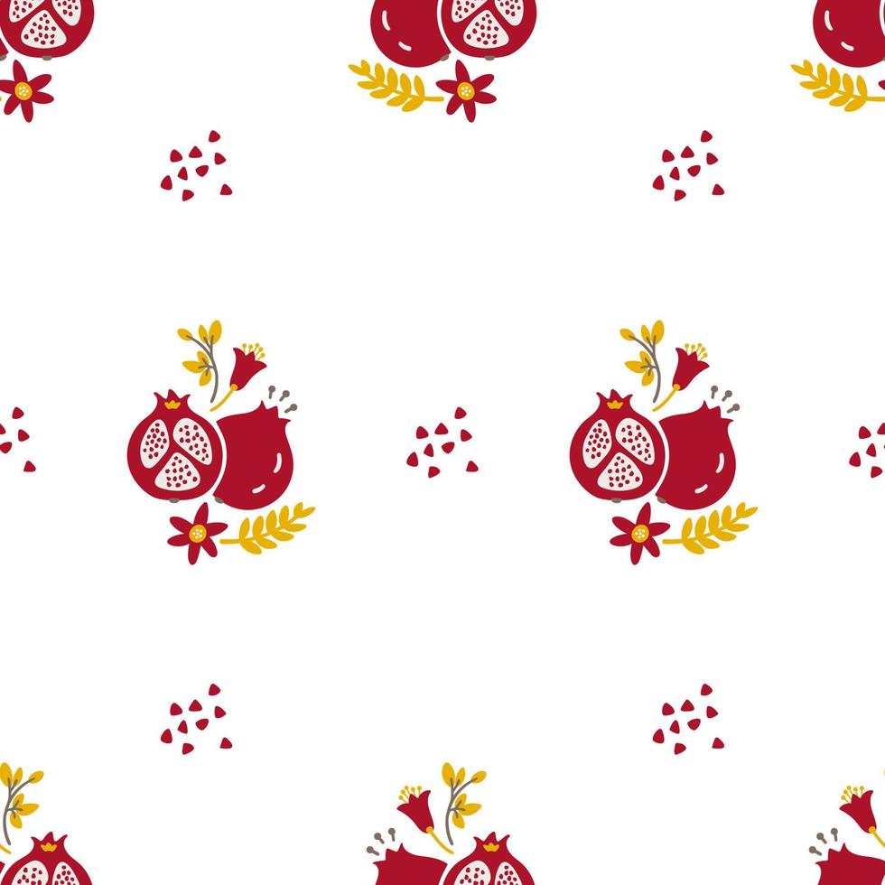 Nahtloses Muster mit handgezeichneten Granatäpfeln und Blumen auf weißem Hintergrund vektor
