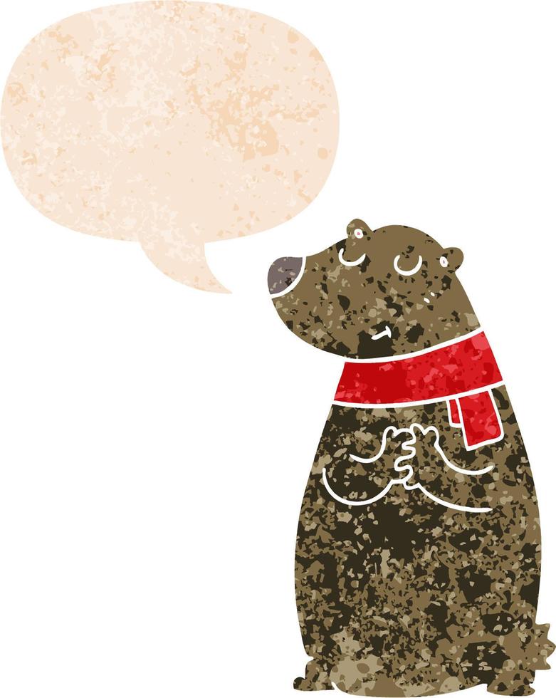 tecknad björn bär halsduk och pratbubbla i retro texturerad stil vektor
