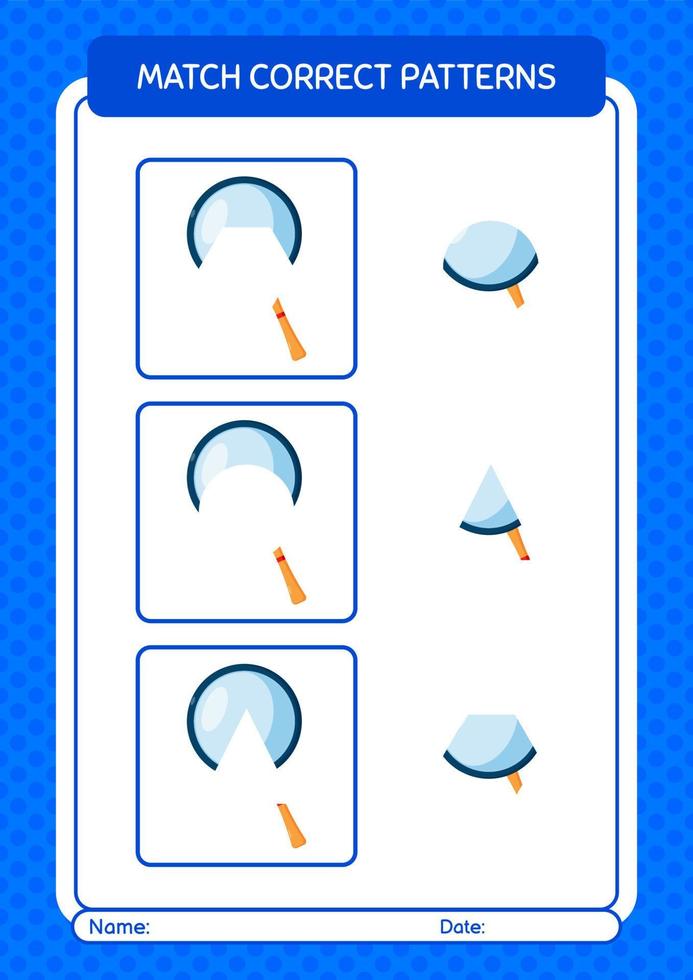 Match-Muster-Spiel mit Lupe. arbeitsblatt für vorschulkinder, kinderaktivitätsblatt vektor