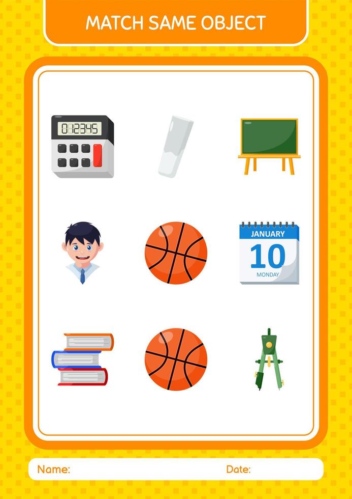 Match mit demselben Objektspiel Basketball. arbeitsblatt für vorschulkinder, kinderaktivitätsblatt vektor