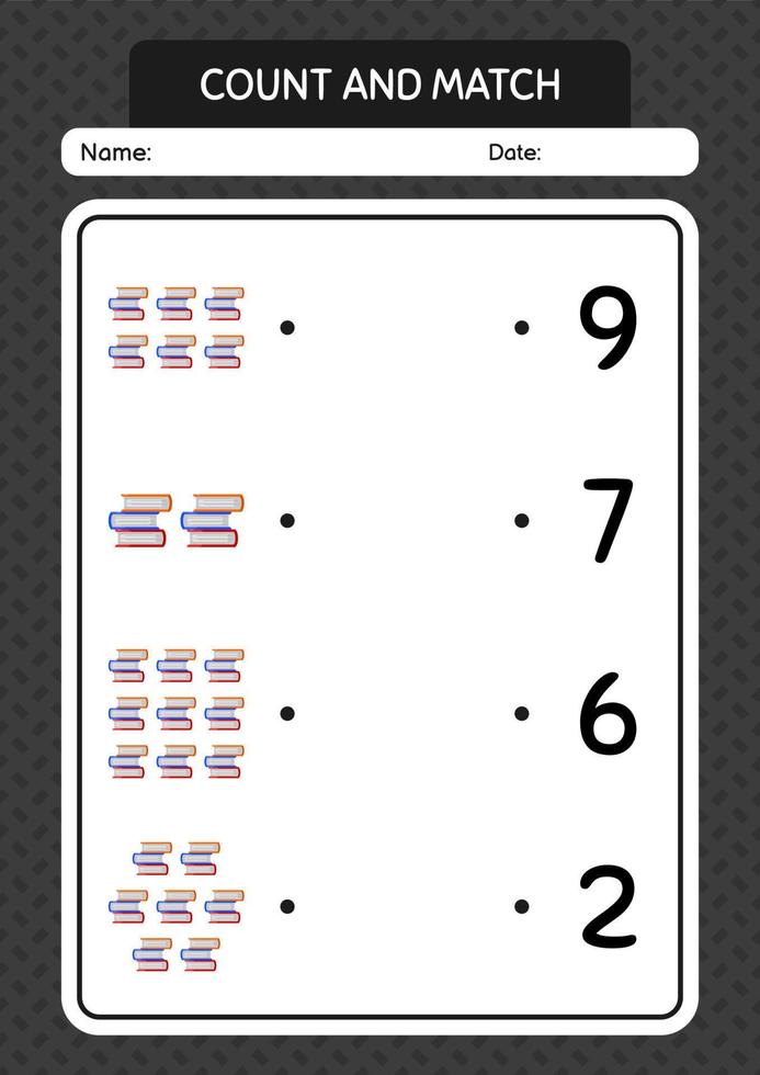 räkna och matcha spel med bok. arbetsblad för förskolebarn, aktivitetsblad för barn vektor