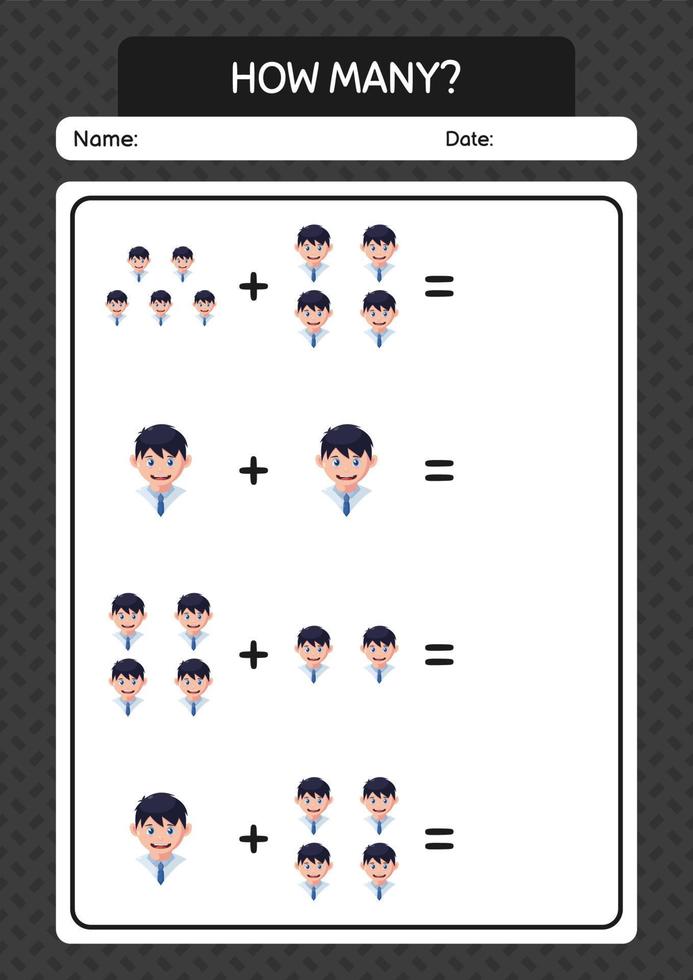 hur många räknar spel med pojke. arbetsblad för förskolebarn, aktivitetsblad för barn vektor