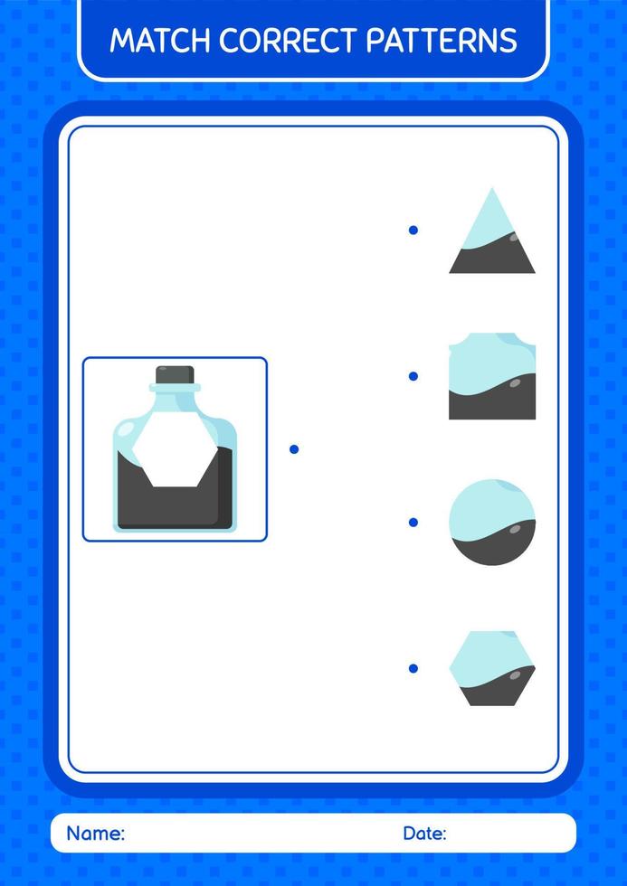 Match-Muster-Spiel mit Tintenflasche. arbeitsblatt für vorschulkinder, kinderaktivitätsblatt vektor