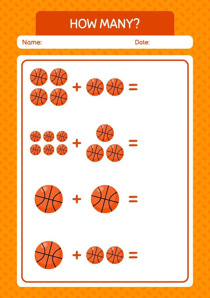 Wie viele Zählspiele mit Basketball. arbeitsblatt für vorschulkinder, kinderaktivitätsblatt vektor