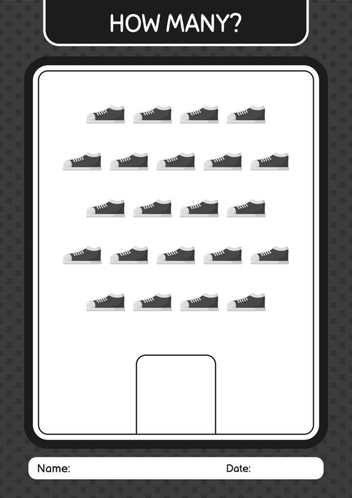 hur många räknar spel med skor. arbetsblad för förskolebarn, aktivitetsblad för barn vektor