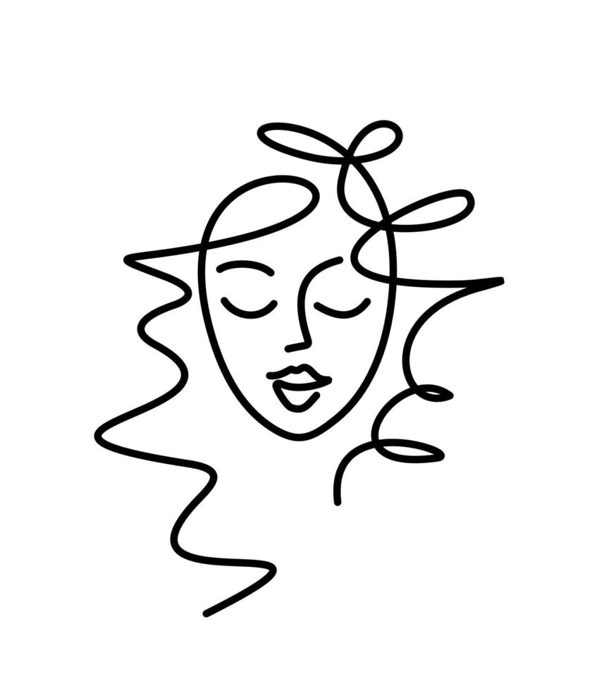 flicka logotyp tunn linje. ansikte ikon kvinna för skönhetssalong. kosmetologi, plastikkirurgi. barbershop, lockigt hår och lockar. vektor illustration isolera
