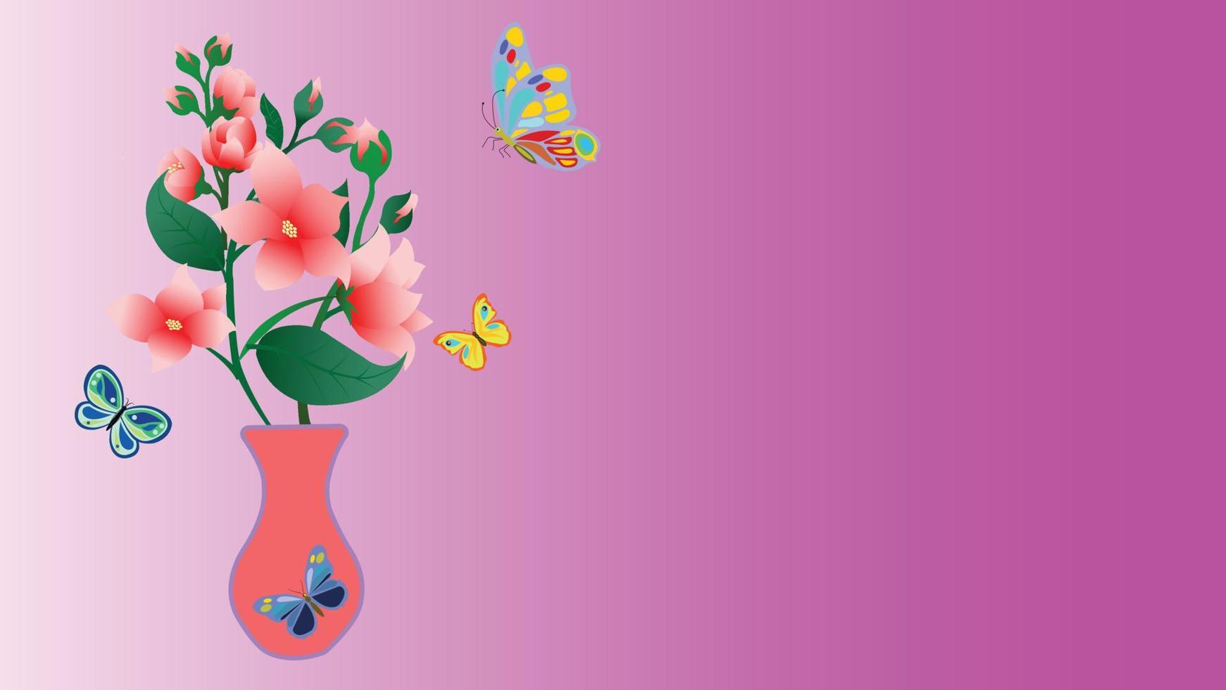 ein Blumenstrauß in einer Vase und viele Schmetterlinge. vektor