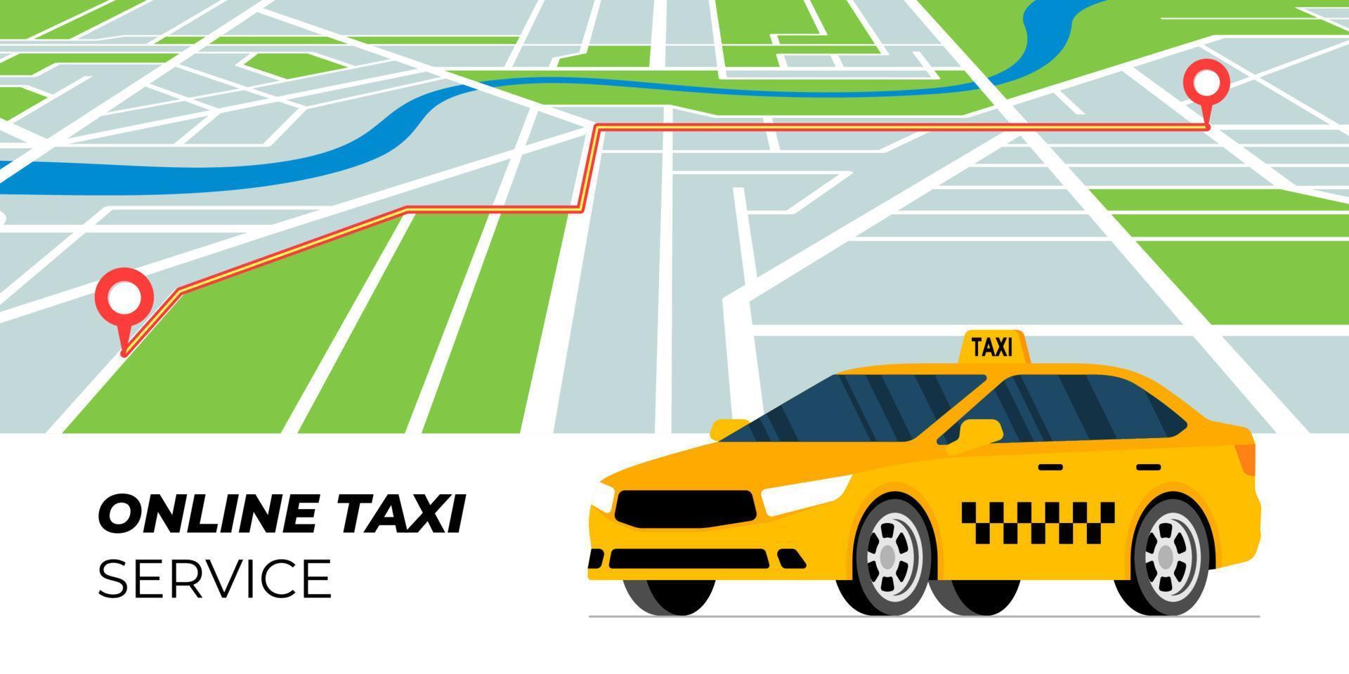Taxi-Bestell- und Tracking-Service-Konzept. gelbes taxi steht auf stadtplanhintergrund mit autoroute. Taxi online bestellen. Holen Sie sich das Werbebanner-Konzept für Transport-Webanwendungen. Vektor-Illustration vektor