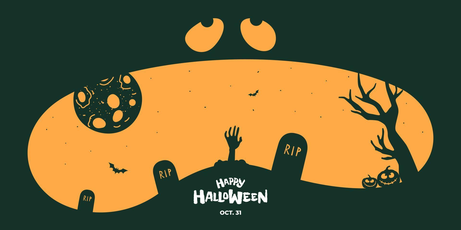 glad halloween fest horisontell banner design. jack o lantern pumpa skrämmande ansikte på mörk bakgrund. död man kryper upp ur graven på kyrkogården. traditionella 31 oktober semester vektor eps gratulationskort