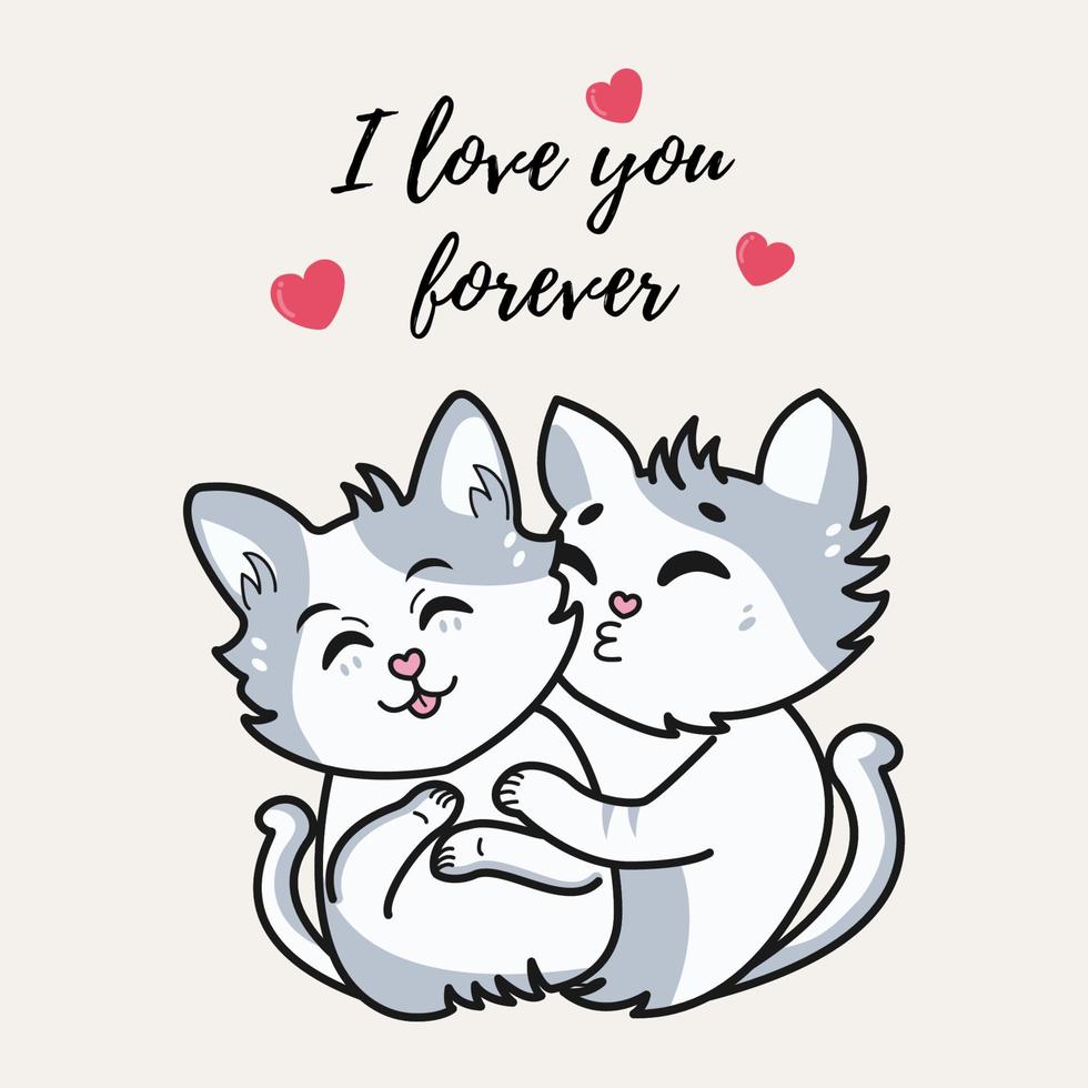 två katter älskar varandra och kysser glatt, sms:a jag älskar för alltid. , vektor illustration