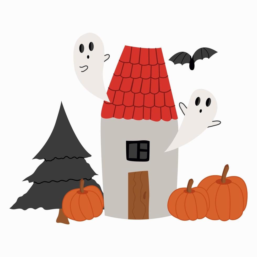 Vektorhaus mit Kürbissen und einem gespenstischen Weihnachtsbaum und einer Silhouette einer Fledermaus. süße Halloween-Grußkarte. Cartoon-Illustration vektor