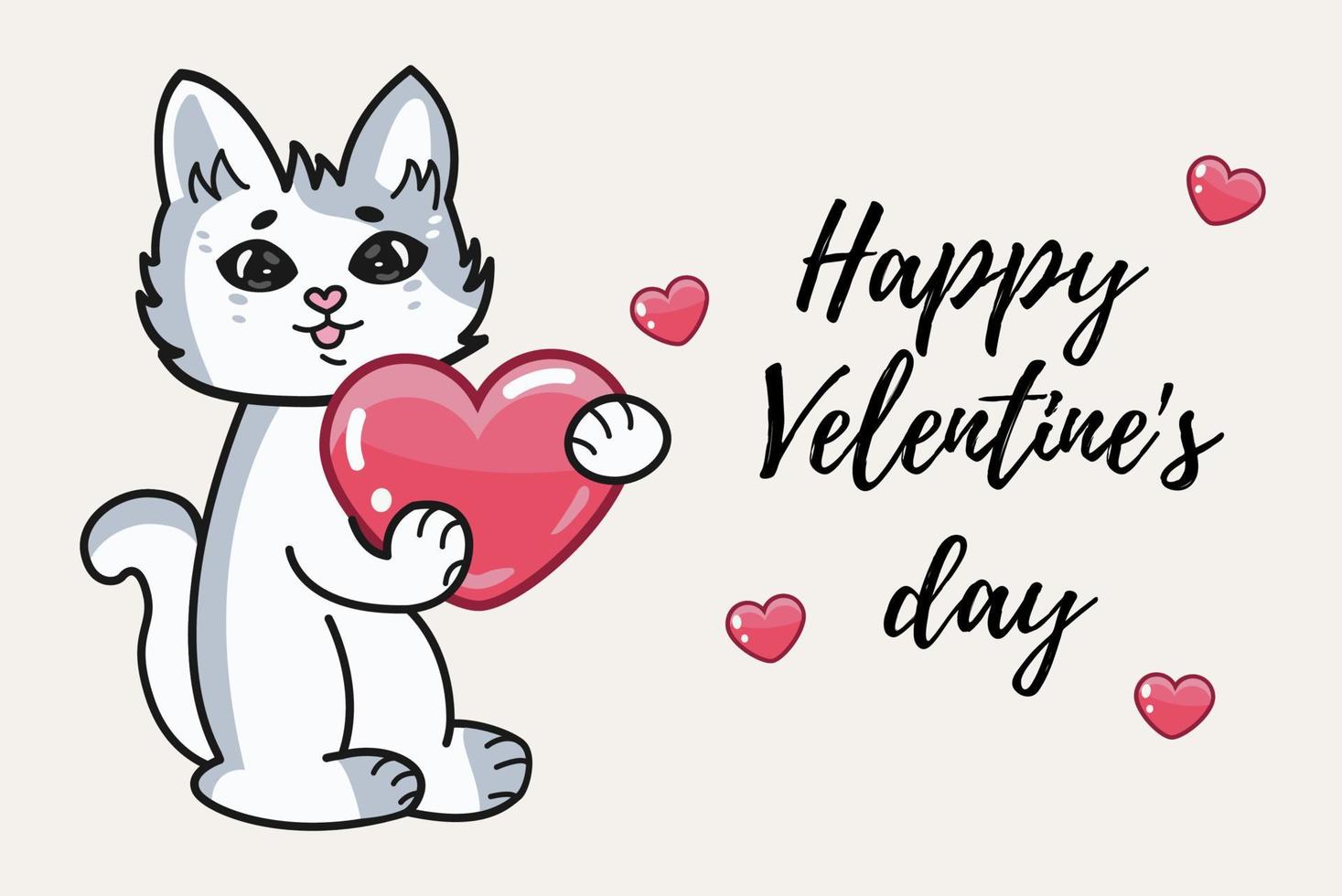 süße lustige graue katze mit einem roten herz in seinen händen. fröhlichen Valentinstag vektor