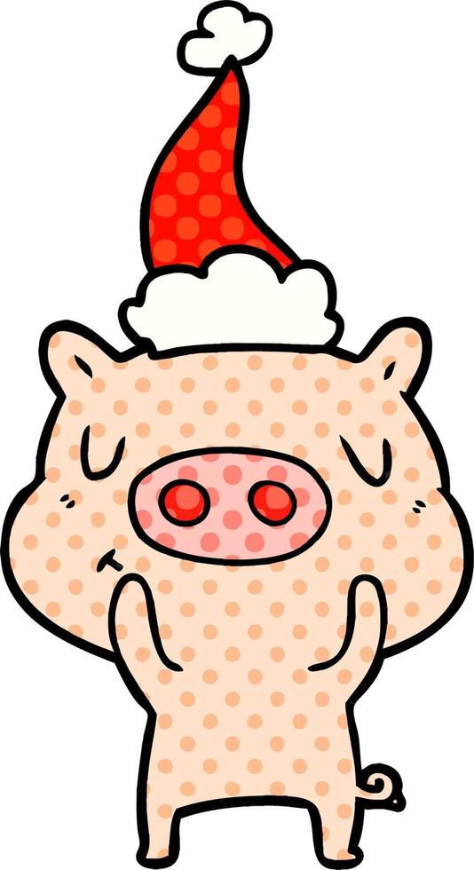 Comic-Stil-Illustration eines zufriedenen Schweins mit Weihnachtsmütze vektor