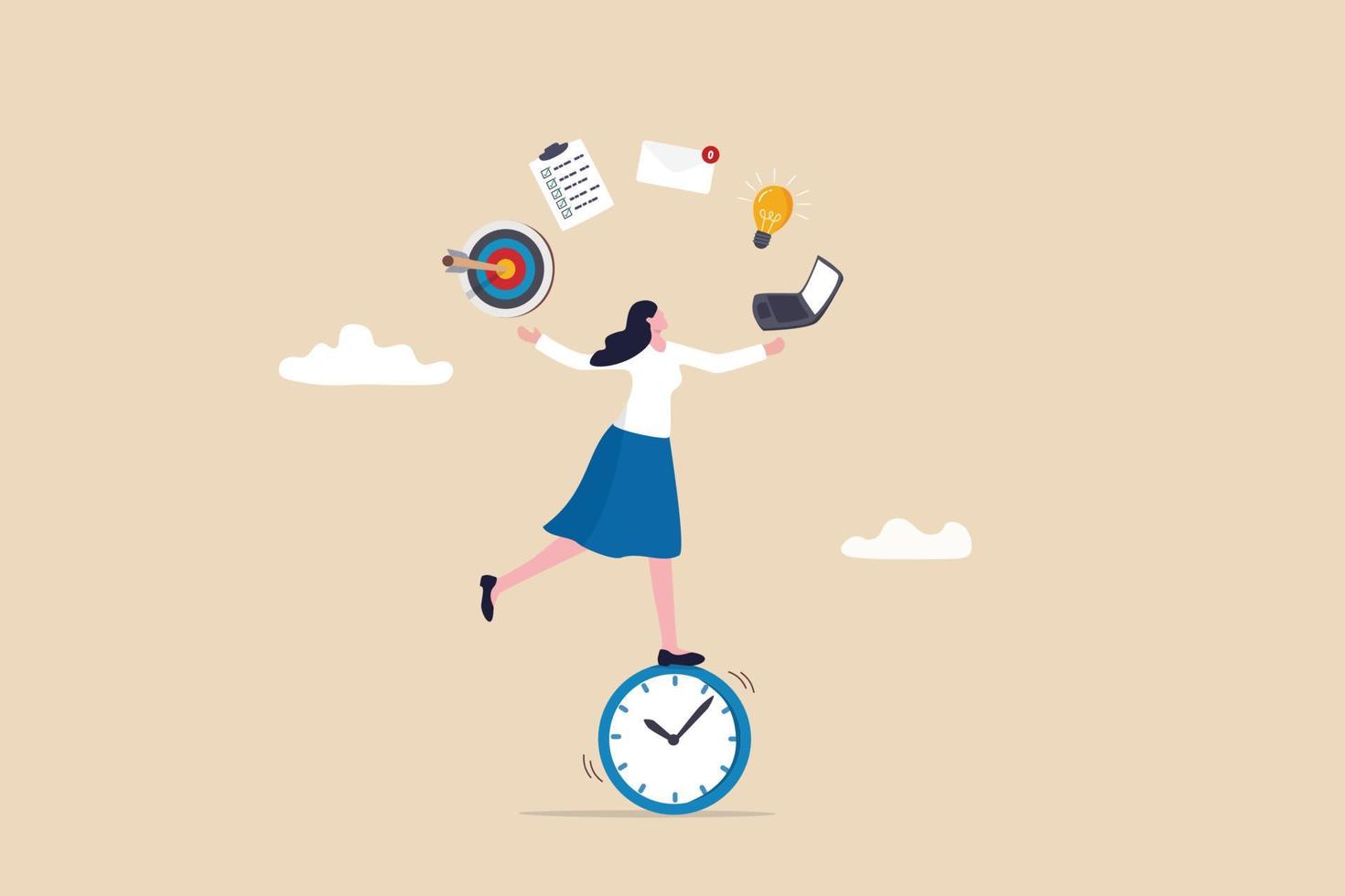 produktive Frau, Multitasking- oder Zeitmanagement-Profi, Produktivität oder Unternehmertum, Arbeitseffizienz oder Zeitplan organisieren, produktive Geschäftsfrau, Balance auf der Uhr, die Aufgaben verwaltet. vektor