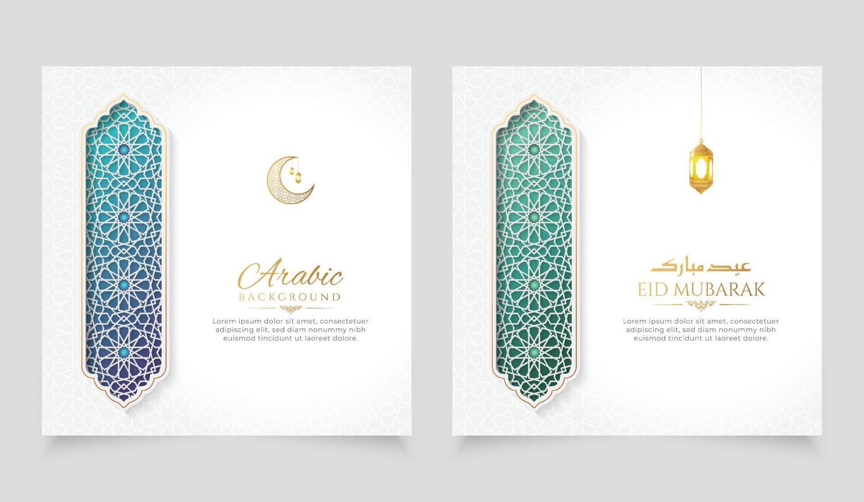 islamischer weißer und goldener luxuriöser dekorativer grußkartenhintergrund mit islamischem muster und dekorativem verzierungsrahmen vektor