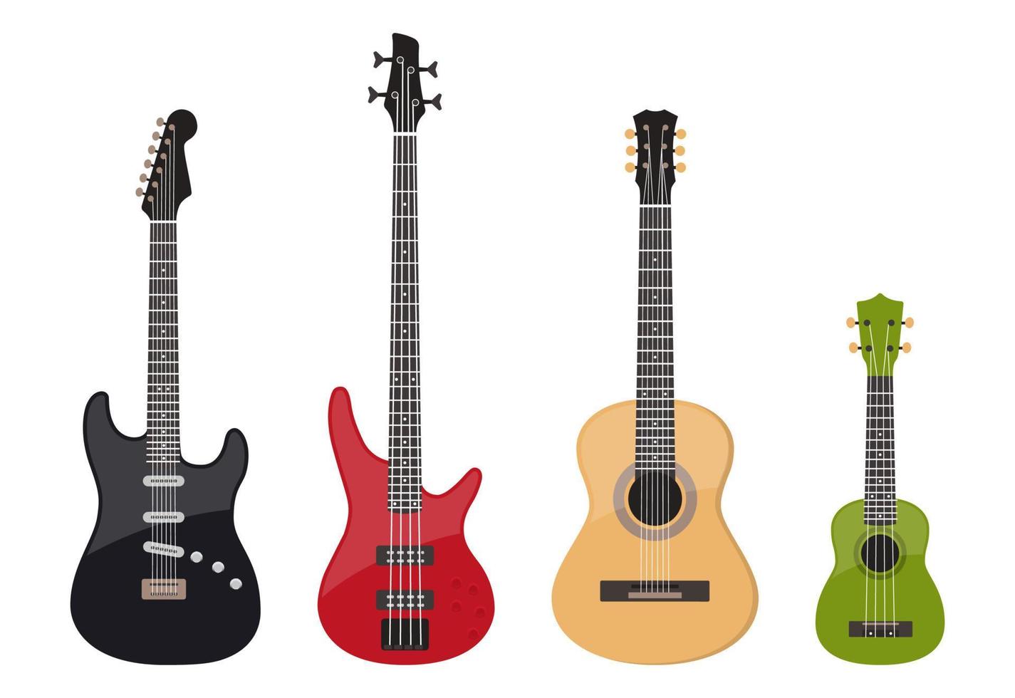 Verschiedene Gitarren, E-Gitarre, Bassgitarre, Akustikgitarre und Ukulele, Vektor einzeln auf Weiß
