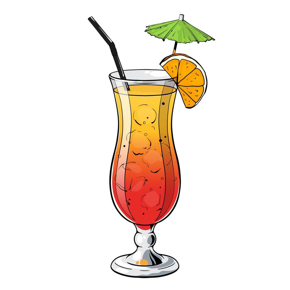 cocktailsex på stranden, handritad alkoholdrink med apelsinskiva och paraply. vektor illustration på vit bakgrund