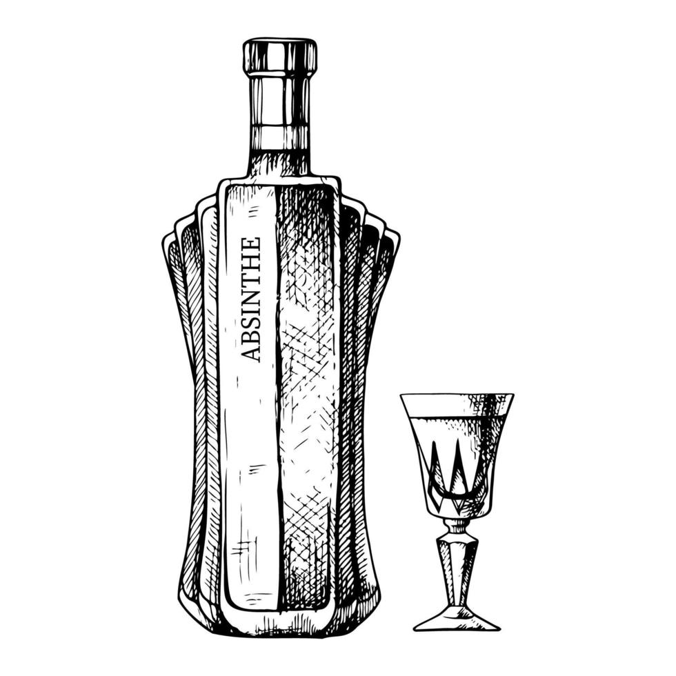 handgezeichnete Flasche und Glas Absinth. vektorgetränkeillustration, tintenskizze vektor