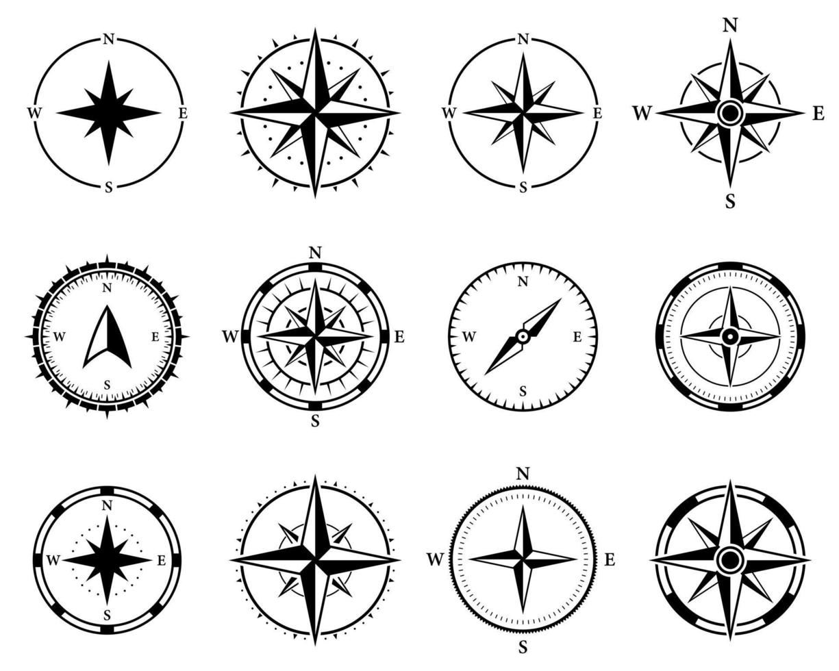 Kompass-Navigations-Silhouette-Icon-Set. Nord-Südwest-Ost-Ausrichtungsrichtung Glyphen-Piktogramm. nautischer antiker rosenwindnavigator für seeabenteuerikone. isolierte Vektorillustration. vektor