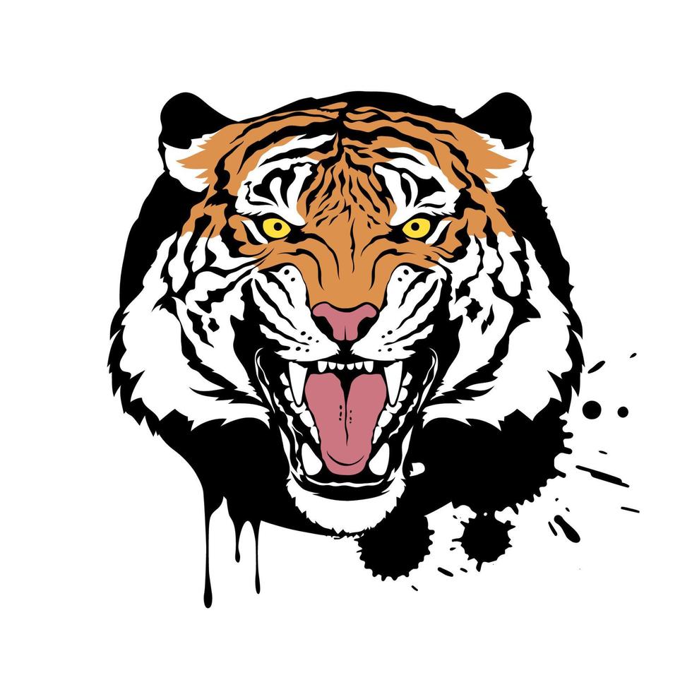 rytande tigerhuvud. färgglada vektorillustration på vit bakgrund. tryck för t-shirtdesign vektor