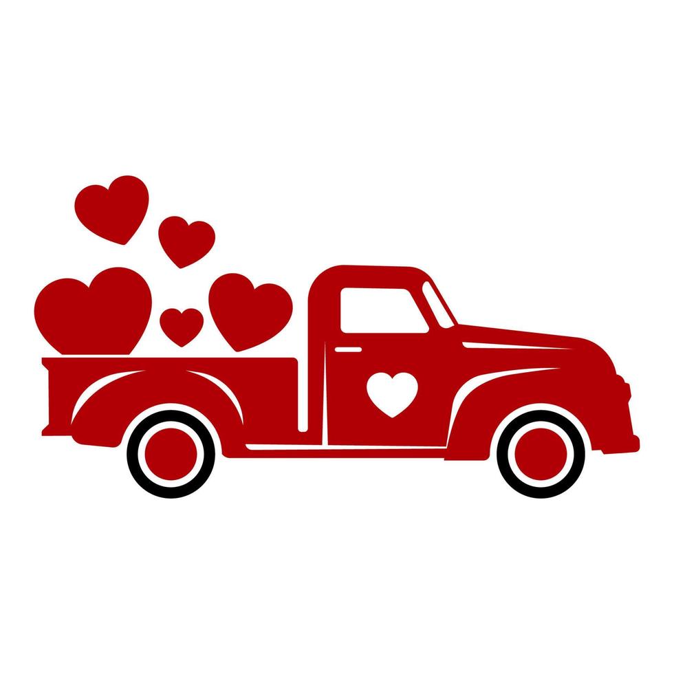 roter Retro-Valentinstag-LKW mit Herzvektorillustration lokalisiert auf weißem Hintergrund vektor