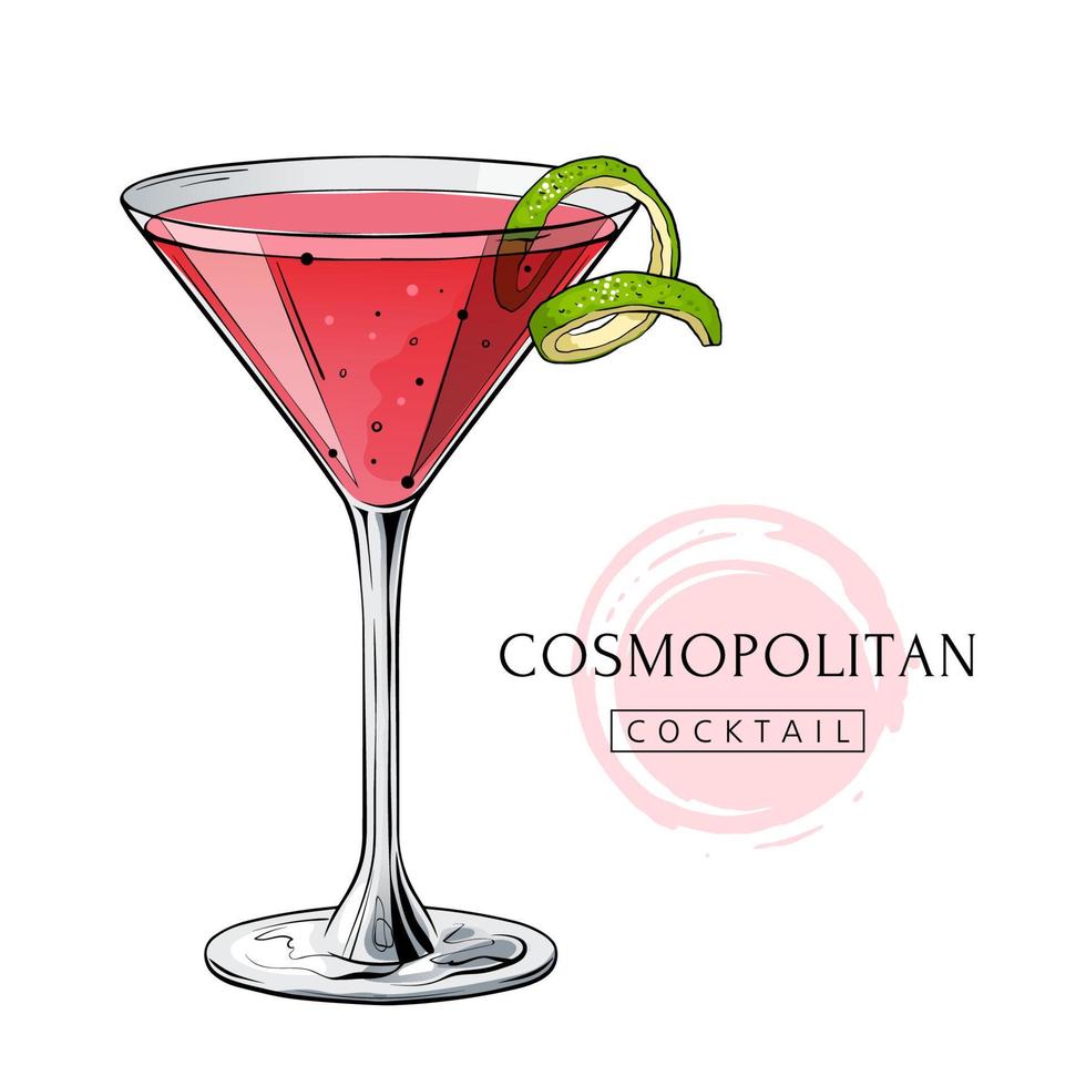kosmopolitisk cocktail, handritad alkoholdryck. vektor illustration på vit bakgrund