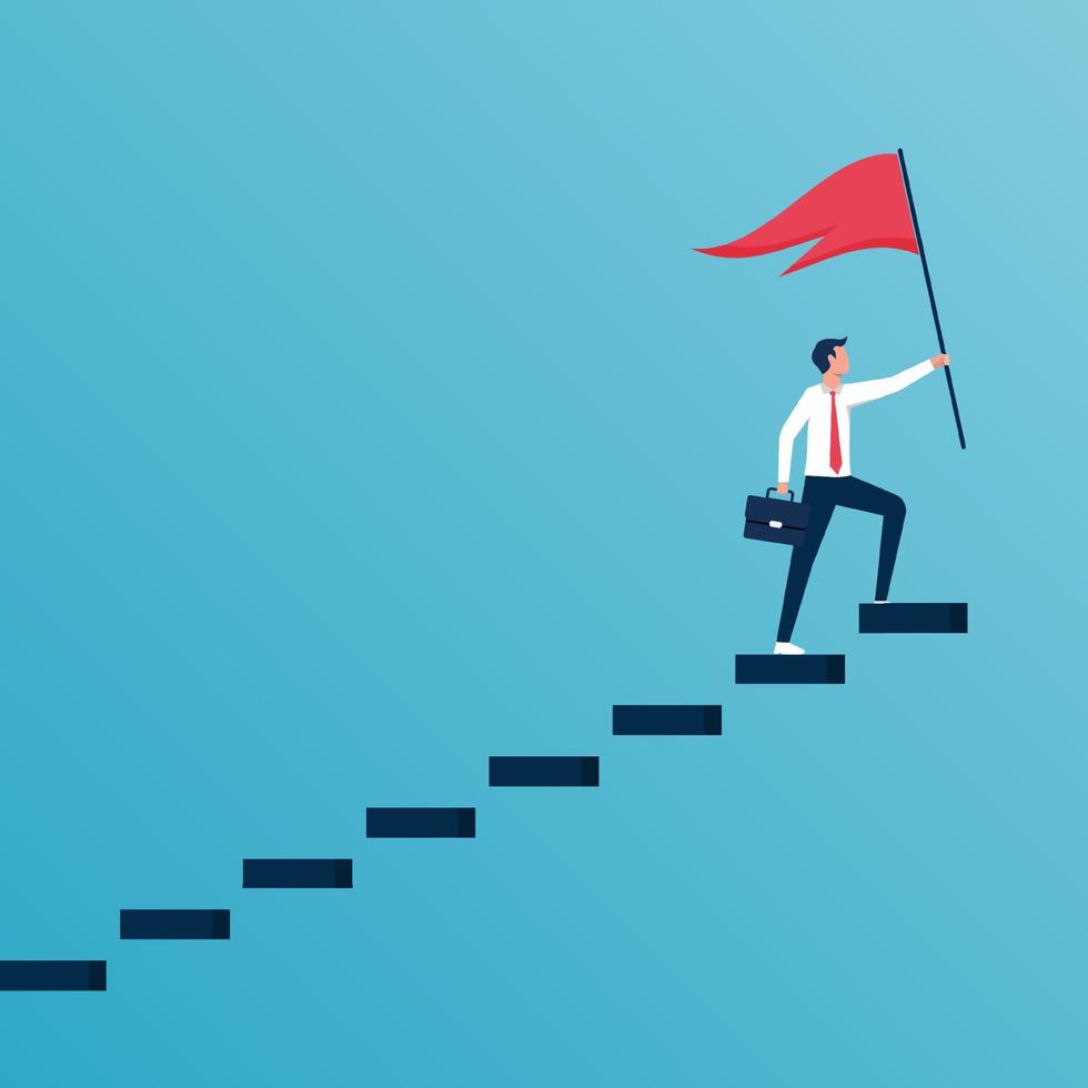 framgångsrik affärsman håller röd flagga på toppen av stegen. framgång och utveckling, personlig tillväxt och övervinna utmaningar vektor