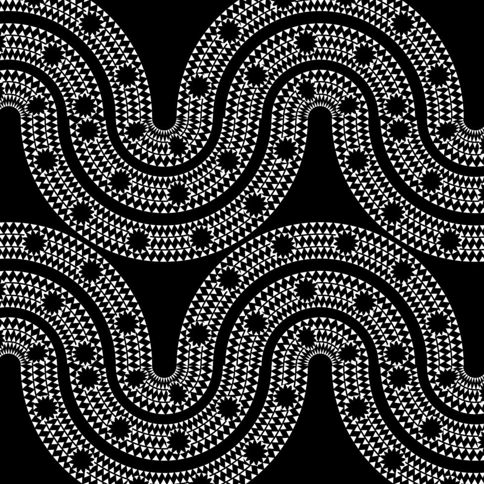 Ethno-Boho-Muster, Dreiecke und Kreise im afrikanischen Stil auf schwarzem Hintergrund mit dynamischen Wellen, Stammeskunst für Druck, Wandrahmen, Textilien, Geschenkpapier, Handyhüllen vektor