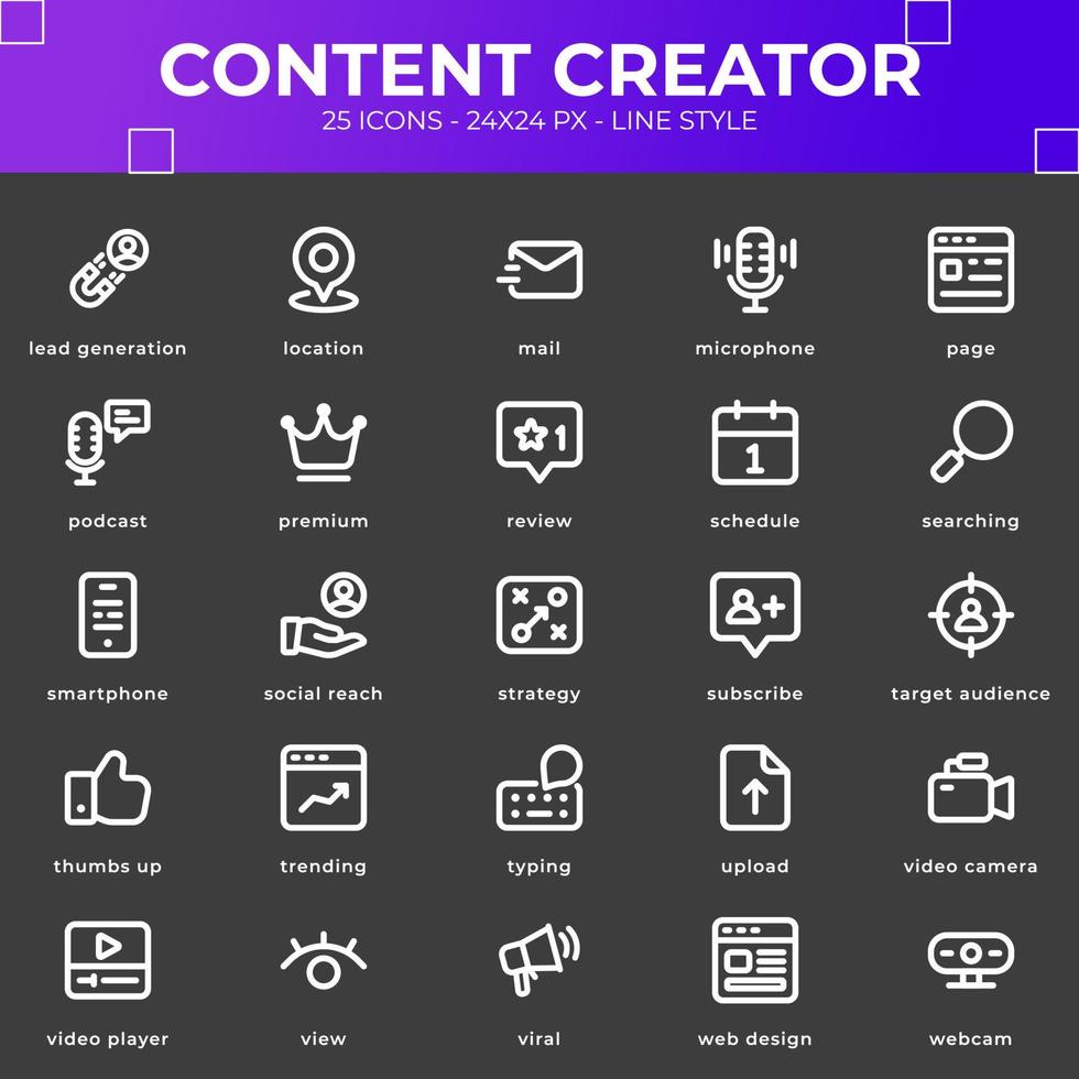 ikonpaket för innehållsskapare med svart färg vektor