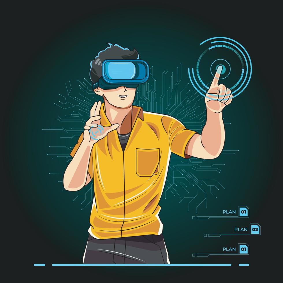 digitales technologiekonzept der künstlichen intelligenz. kleiner Junge, der mit vr-Brille spielt, esport game vector illustration pro download